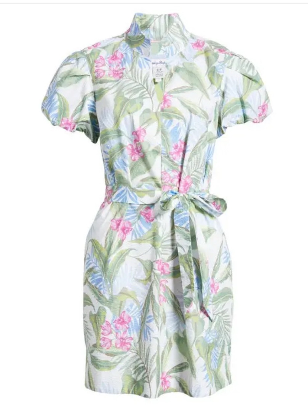 Tommy Bahama Linen Floral Tie-Waist Shirt Dress in White, Green & Pink